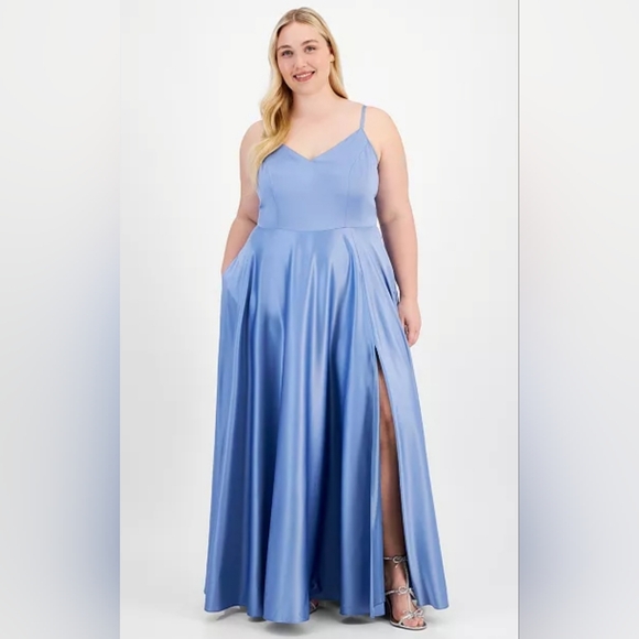 Nwt B Darlin  Trendy Plus Size V-Neck Satin Gown Blue - Picture 1 of 10